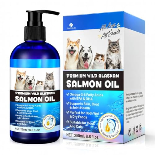 SteriMedo Olio di salmone per cani e gatti 250 ml, olio di pesce Omega 3-6 di salmone selvatico, supporta pelliccia, pelle, articolazioni, additivo ad alto dosaggio, adatto per tutte le razze, made in