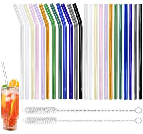 Huucozn 24 Pezzi Cannucce in Vetro Riutilizzabili, 12 Dritto+12 Curvo, 20cmx8mm Cannucce Colorate in Vetro con 2 Spazzole per la Pulizia per Cocktail Frullati Latte Caffè Bevande Fredde