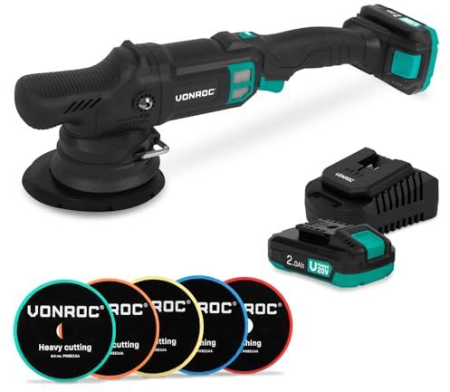 VONROC PRO 20 V Ø 150 mm roterande polermaskin, borstlös motor, 7 hastigheter, Soft Start – komplett set med 2 x 2,0 Ah batterier, snabbladdare och 5 dynor för bil, husbil, båt, båt