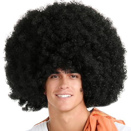 Afro Perücke Herren, Extra große Männer Damen Perücke Afro Schwarz, 70er 80er Jahre Lockenperücke für Karneval, Fasching, Motto Party, One Size