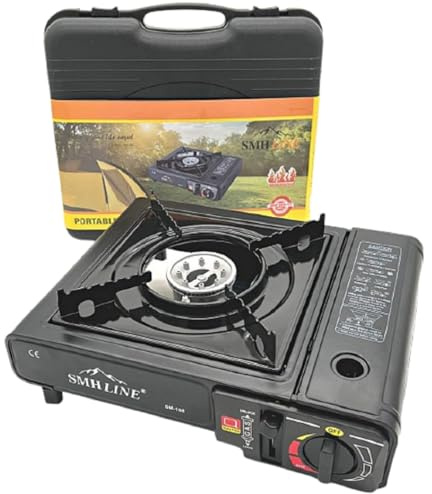 SMHLINE - Hornillo de gas para camping (sin cartuchos de gas butano, 227 g, barbacoa de mesa para exteriores, 1 foco, encendido piezoeléctrico, maletín de transporte)