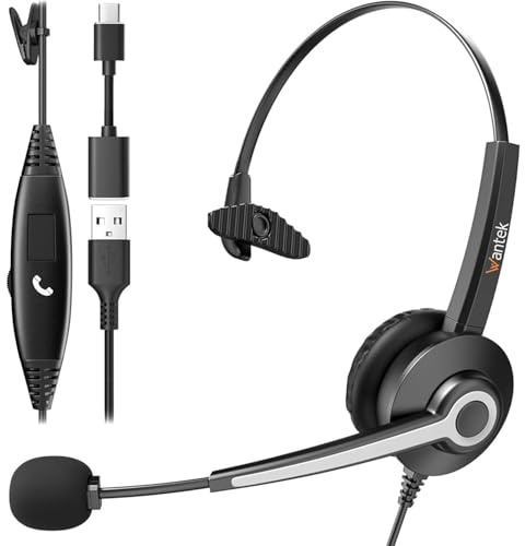 Wantek USB Headset with Microphone for PC Laptop,USB/Type-C/Quick Disconnect Jack 3-In-1 Headphones with Noise Cancelling & Audio Controls,Teams Headset for Office/Call Center/Work (Mono)