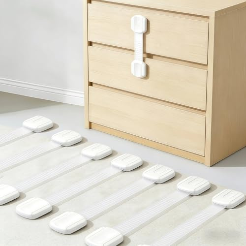 Baby Safety Straps Locks 8 Pack - Child Proof Cabinet Locks, Adjustable Baby Proofing Drawer Latches, Adhesive Cupboard Locks for Kids Toddlers, No Drilling White