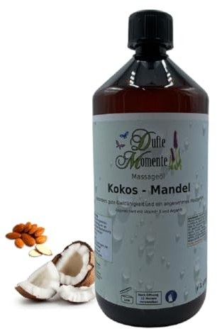 Dufte Momente Massageöl Kokos-Mandel – 1 Liter – Pflanzenölbasis mit Kokos- & Mandelduft – cremig & verwöhnend – für Massage & Wellness – vegan & Made in Germany