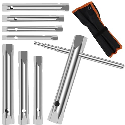 OPFYWF 8 Pcs Pipe Socket Spanner Set with Bar Handle 6-22mm Double Ended Pipe Socket Wrench Set Shower Valve Socket Wrench Set in Roll Bag for Working on The Tap Spark Plugs and Much More