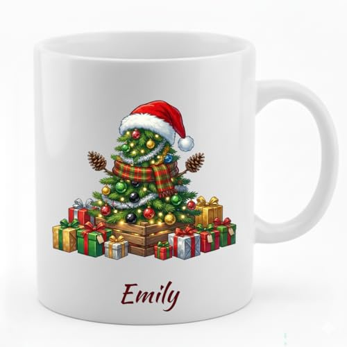 BGExpress Personalised Christmas Mug Set – Festive Xmas Party Mugs for Tea & Coffee – 11oz Custom Name Holiday Cups for Home & Office – Winter Ceramic Tableware Gift Set (Christmas Tree)