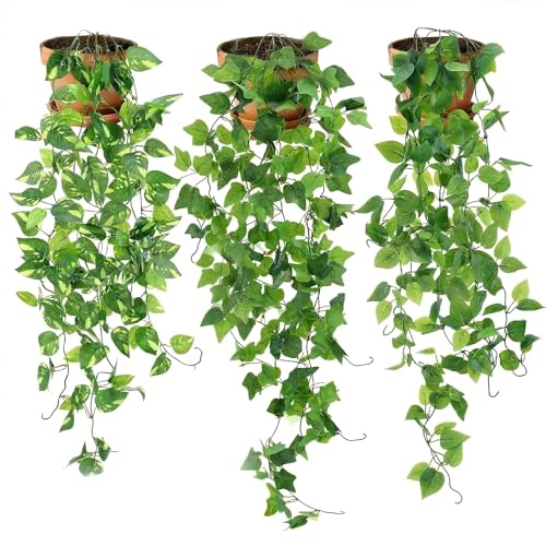 DOPENSPI 3 plantas colgantes artificiales, plantas artificiales para interiores, decoración realista de hiedra falsa, planta de arrastre para interiores y exteriores, estante de pared, decoración del
