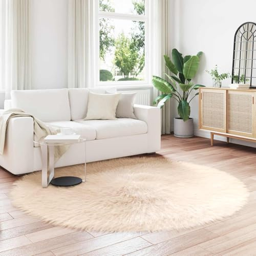 mtlskopl Tafalla Tapis rond en fourrure synthétique Beige 200 cm 6 cm Poils polyester Flokati pour salon et chambre à coucher
