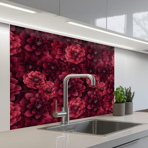 KitchenYeah© Küchenrückwand Selbstklebend Küchenspritzschutz Rückwand | 80x100 cm - Wandschutz Ohne Bohren Spritzschutz Wand Wandverkleidung Dahlien - Blumen - Rot