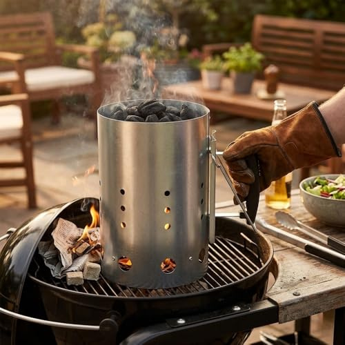 DWD Charcoal Chimney Starter, Galvanised Steel, BBQ Briquette Lighter with Heat Shield, Safety Handle and Thermoplastic Handle, for Camping and Barbecue 30cm Height