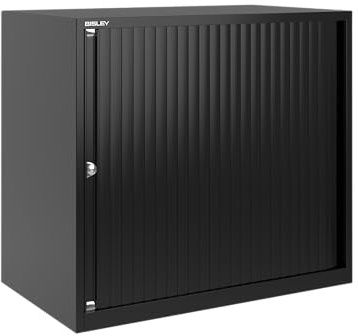 BISLEY Essentials Rollladenschrank Schwarz – Abschließbarer Büroschrank aus Stahl mit Rollladen, 1 Fachboden für 2 Ordnerhöhen, H 718–726 x B 800 x T 470 mm, Aktenschrank Office Storage