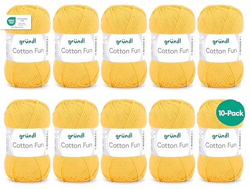 Gründl Cotton Fun stickgarn/virkgarn (mjukt garn tillverkat av 100% bomull, OEKO-TEX certifierad, 50 g/115 m, nåltjocklek: 3-4, 10 nystan á 50 g), majs, 27,00 x 11,00 x 07,00 cm