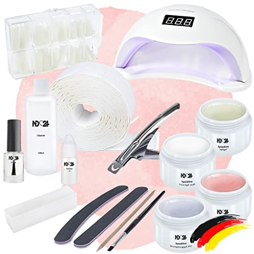 – Gelnägel Starter Set Basic mit LED Haftgel, Aufbaugel, Frenchgel, Versiegelungsgel, LED-Lampe & Zubehör – 16-teiliges Komplettset für Anfänger geeignet – LED Gele Made in Germany