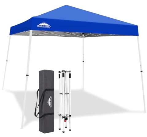 EAGLE PEAK 10x10 Slant Leg Pop-up Canopy Tent Easy One Person Setup Instant Outdoor Beach Canopy Folding Portable Sports Shelter 10x10 Base 8x8 Top (Blue)