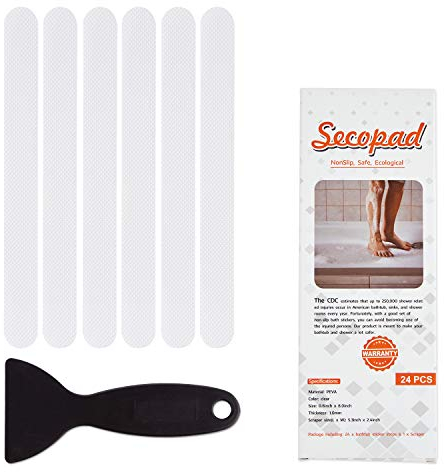 Secopad - 24 adesivi antiscivolo per doccia e vasca da bagno; strisce adesive di sicurezza con raschietto di alta qualità (Bianco)