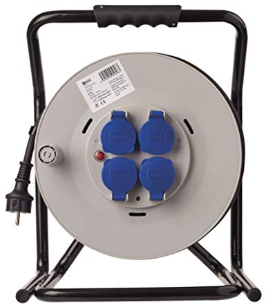 EMOS Profi Kabeltrommel mit extra beständigem Kabel, IP44 für Außenbereich, 50 m mit 4 Steckdosen mit Klappdeckeln, 2,5 mm Schuko, für Baustelle, Industrie, Dauerbetrieb im Freien