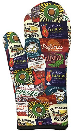 New Orleans Iconic Food Logos Design Oven Mitt – Cotton Polyester Kitchen Glove Souvenir Gift – Heat Resistant Cooking Accessory for Baking, BBQ, and Everyday Use
