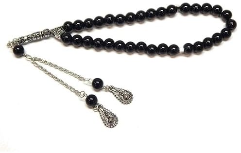 Perlin Gebetskette Tesbih Tasbih Tespih Misbaha Subha 33, 23cm, Muslimisches Islamic Rosenkranz Prayer Anbetungszubehör Halbedelstein Poliert Onyx Schwarz Perlen Rund 8mm