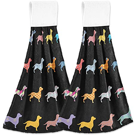 Hängend Hand Handtücher Küche Süß Farbe Hunds Dachshund Krawatte Handtuch Saugfähig Sanft Koralle Samt Gericht Gericht Wischen Stoff mit Schleife für Bad Waschlappen Zuhause Dekor, 2er Pack
