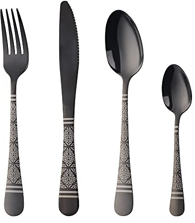 Cutlery Set, Buyer Star 16-Piece Stainless Steel Flatware Set, Laser Flower Pattern Tableware Silverware Set with Spoon Knife and Fork Set, Service for 4, Dishwasher Safe (Black)