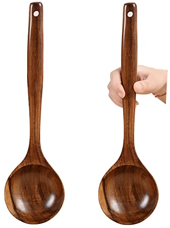 UPTALY Lot de 2 cuillères à soupe en bois avec poignée épaisse (35cm x 9.5cm), longue poignée en teck naturel, louche en bois pour la cuisine, cuillère de cuisson robuste pour casserole antiadhésive