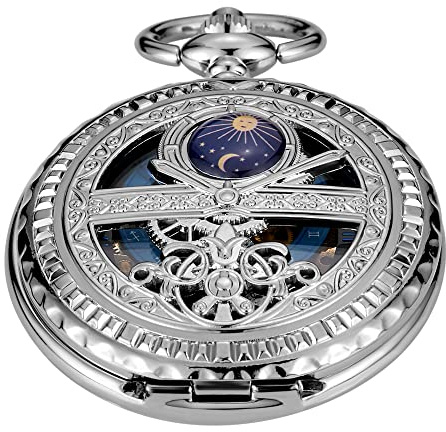 Tiong Men's Mechanical Roman Numeral Dial Fake Moon Phase Design,Skeleton Pocket Mechanical Watches for Men with Box and Chain -Sliver