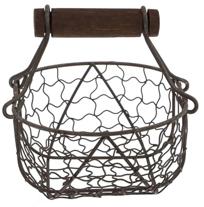 Housoutil 1PC Wire Egg Basket, Chicken Wire Egg Baskets with Wooden Handle, Wire Gathering Basket Country Primitive Farmhouse for Gathering Fresh Eggs Chicken Eggs Fruit Food (Random Color)