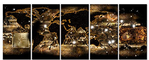 decomonkey - Tableau Acoustique Carte du Monde Abstrait 150x60 5 Pièces - Impression sur Toile Décoration Isolation Phonique Déco Bureau Lueur boussole continents cartes nuit monde texture doré