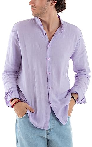 Giosal Camicia Uomo Lino Collo Coreano Tinta Unita Maniche Lunghe Made in Italy (XL, Lilla)