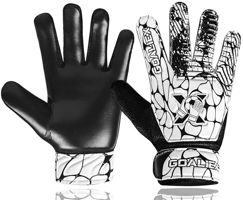 GOALIEX Fotboll målvaktshandskar barn pojkar barn dubbla handled 4 mm handled supergrepp handled (svart/vit, storlek 5, lämplig för 9–12 år)