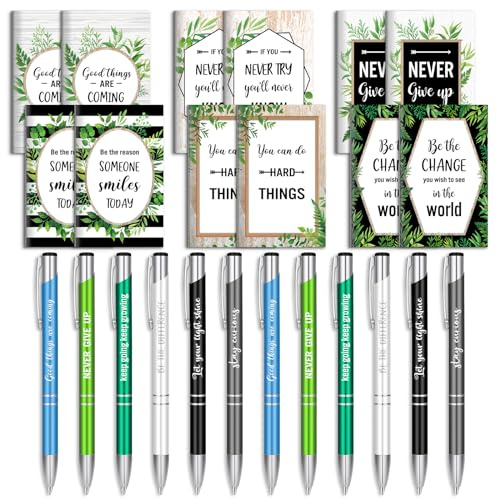Geyee 24 Pcs Mini Motivational Pens Inspirational Notepads Bulk Appreciation Gifts Small Journals Funny Ballpoint Pen Set Prizes Men Women Office Travel Party Favors(Eucalytus)