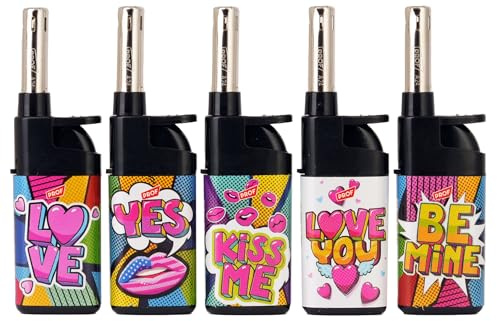 Komfort Feuerzeug 5er Pack – Ergonomisch - Barrierefrei - Seniorengerecht– Nachfüllbare Piezo Gasanzünder mit Leichtbedienung – Kiss Love Liebe Herz – Für Kerzen, Grill & Outdoor, Geschenk