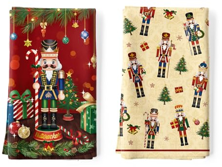 Arquiel Lot de 2 Torchons de Cuisine Noël Casse-Noisette Décoratif Essuie Main Absorbante 100% Coton Torchon Vaisselle Saisonnier Cadeaux pour Crémaillère et Cuisine 48 cm x 70 cm