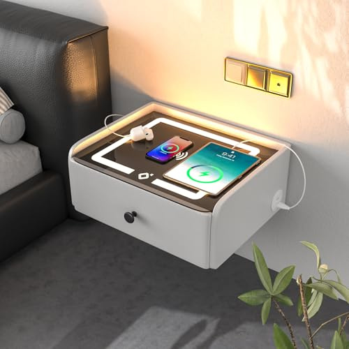 ihomemore Nachttisch Hängend Wandregal Mit Schublade Smart Nachttisch Schlafzimmermöbel-Optionen für Junge Erwachsene Weiß