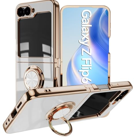 Asuwish Phone Case for Samsung Galaxy Z Flip 6 5G 2024 Cover and Magnetic Ring Holder Stand Kickstand Slim Hybrid Silicone Cell Accessories Protective ZFlip6 Z6 G Flip6 6Z G5 Six Women Men Beige