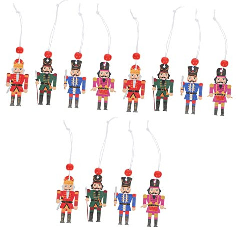 LALADEFIEE 12pcs Wooden Hanging Nutcracker Soldier Ornaments Fun Cute Christmas Decorations for Home Office Weddings Parties Hand-painted Cartoon Design