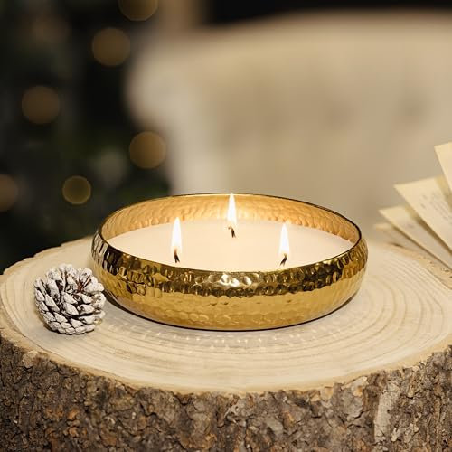Marco Paul Gold Hammered Candle Bowl Candle Set - Long Burn Time Wax Candles - Decorative Home Accessories Colourful Gift Candles Lighting for Christmas, Wedding, Birthday
