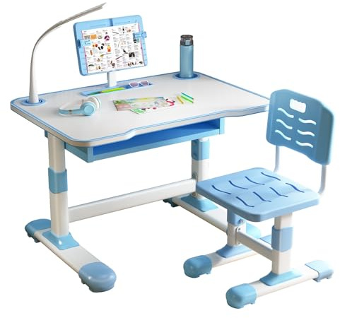 yoakaiax Kids Desk and Chair Set, Ergonomic Height Adjustable Children School Study Desk with Tiltable Book Stand, LED Light, Kids Table and Chair Set with Storage Drawer for Boys Girls Blue
