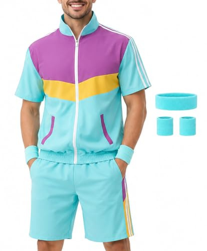 Coseaon 80er 90er Jahre Outfit für Herren Trainingsanzug Shorts Set Herren 80s 90s Retro Jacke Outfits Kostüm für Party