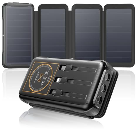 SOARAISE-Cargador-Solar-Power-Bank-25000mAh-20W-Batería-Externa Carga Rápida Inalámbrica con 3 Cables y 4 Paneles Solares, PD QC 3.0 USB C con Linterna LED para Camping (Negro)