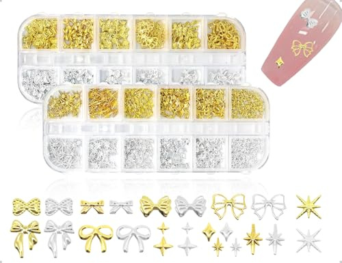 AOYEGIC 2 cajas de adornos para uñas con estrella y lazos, adornos metálicos con piedras brillantes, accesorios para decoración de uñas DIY y manualidades (dorado, plateado)