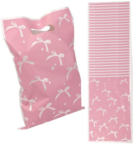 BOXOB 30pz Sacchetti Regalo Rosa con Fiocco, Graziose Bustine Regalo in Plastica con Fiocco Sacchetti Bomboniere a Tema per Feste di Compleanno ed Eventi a Tema