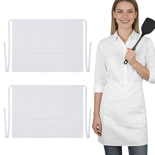 Livdouyu 2 Stück Schürze Küchenschürze Kochkostüm Polyester Kochschürzen mit 2 Großen Taschen Weiße Unisex Kurz Schürze für Halloween Cosplay Küche Backen