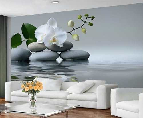 GIVLWF Zen Steintapete, weiße Orchidee, Schlafzimmer, Meditation, Spa, Tapete für Wohnzimmer, nicht selbstklebend, japanisches Wandbild, natürliche Landschaft, großes Wandbild und Raumdekoration