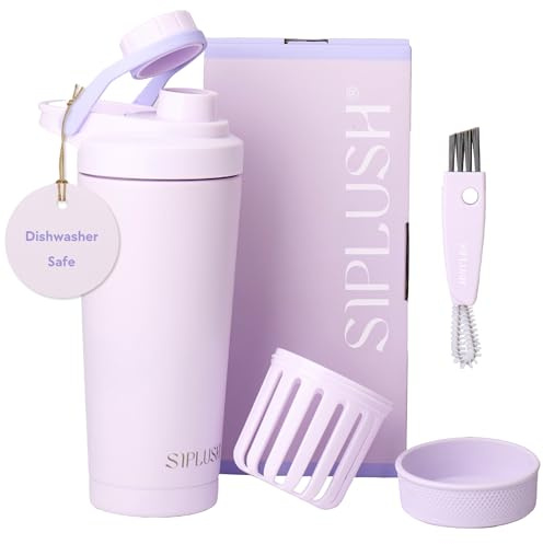 SIPLUSH Paradise Shaker Bottle 24 oz, Insulated Stainless Steel Protein Shaker, Dishwasher Safe, with Lid Brush & Protective Boot, Leakproof Twist-Off Chug Cap, Lavender Coast
