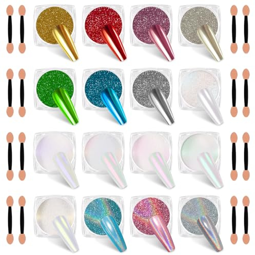 SIUSIO 16 Jars Chrome Nail Powder Nail Art Glitter Decoration Metallic Mirror Effect Holographic Aurora Pearl Mermaid White Pigment Powder Kit for Resin Craft Nail Art - Aurora Phantom