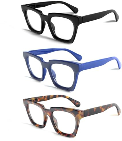 KoKoBin 3 confezioni di occhiali da lettura stile per donne e uomini anti luce blu occhiali quadrati di moda (Nero, blu, marrone leopardato, 2.5, x)
