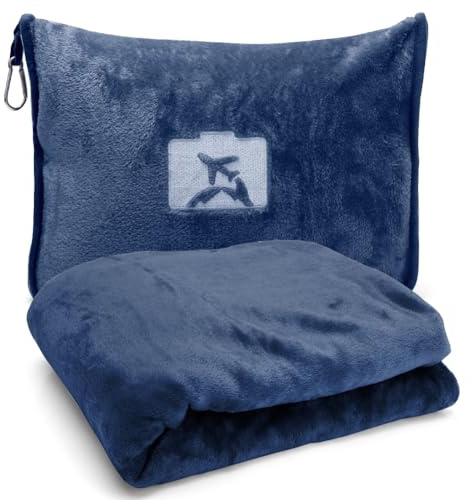 Wapasezyar Reisedecke, 127x152 cm Weiche Flugzeugdecke, Reisedecke Ultraleicht Warm, Verwandlungskissen, Kompaktes Kissen, Flugzeugdecke für Urlaub, Büro, Zuhause und Geschäftsreisen (Marineblau)