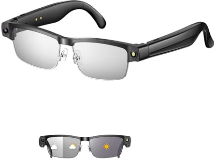 CatXQ Occhiali intelligenti Bluetooth AI fotocamera & lenti fotocromatiche - Video/Foto 8MP HD/1200P stabilizzato | Traduzione in tempo reale | Chiamate & Musica | Controllo vocale - Filtro luce blu