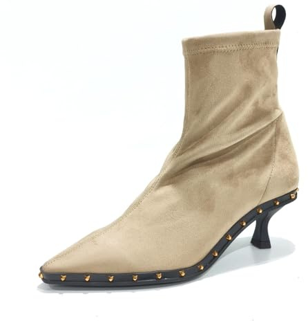Pedro Miralles - Botín de ante sintético, elástico, stretch, con tacón, puntera fina, suela de goma,con tachuelas para: Mujer color: ARENA talla:38